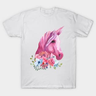 Unicorn Fantasy Horse with Magenta Flowers Watercolor Art T-Shirt